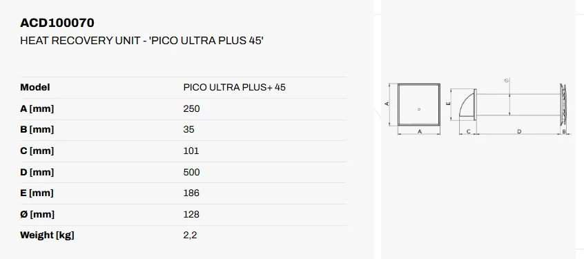 TECNOSYSTEM – Sienas rekuperatos – PICO ULTRA PLUS 45 – ACD100070, 2. attēls