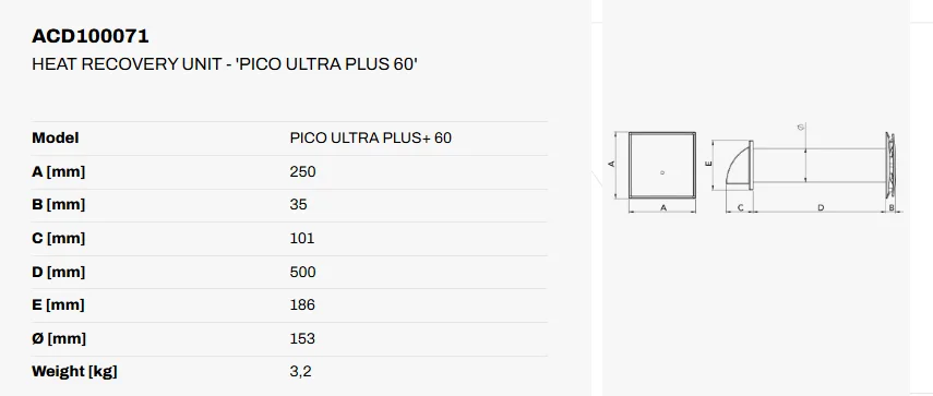 TECNOSYSTEM – Sienas rekuperatos – PICO ULTRA PLUS 60 – ACD100071, 2. attēls